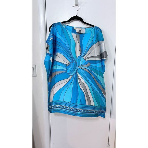 MICHAEL KORS HANDKERCHIEF BLUE PRINT PONCH TUNIC BLOUSE SZ M - Picture 3 of 10